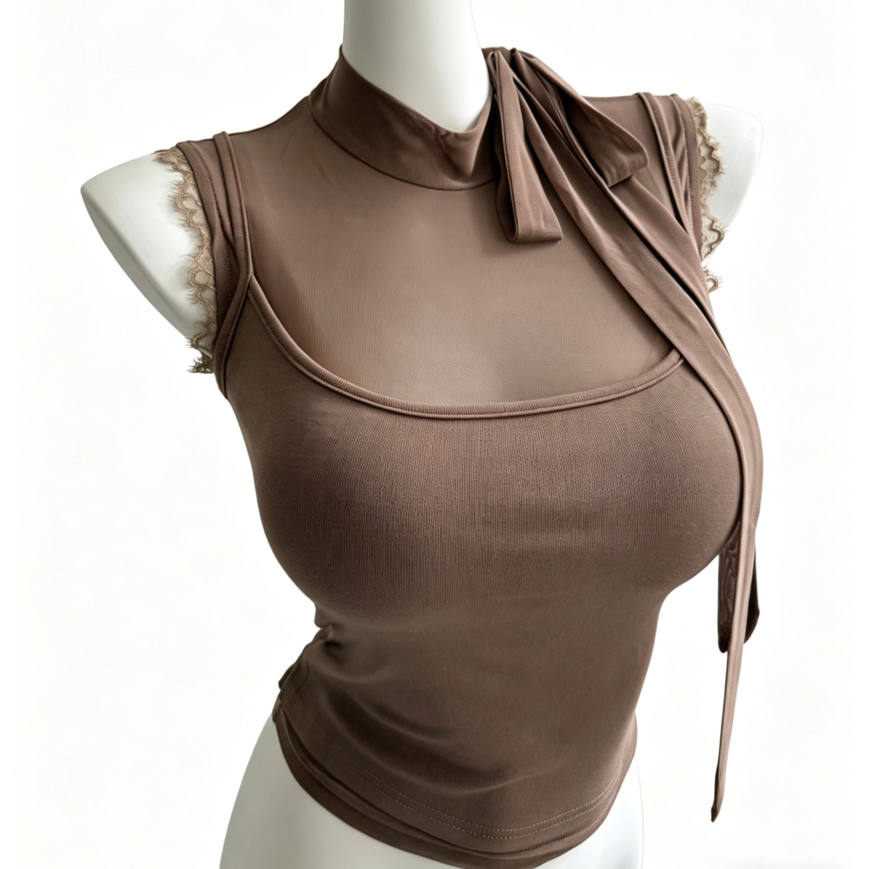 layered lace trim tie neck tank top
