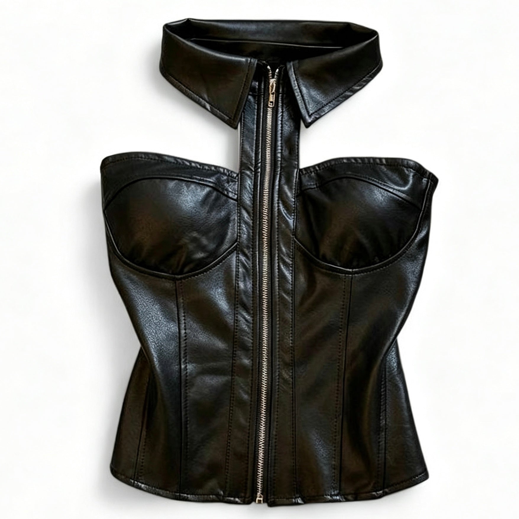 faux leather corset top with zipper front and collar
