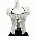 black & white polka dot lace halter top with ruffles and bow detail