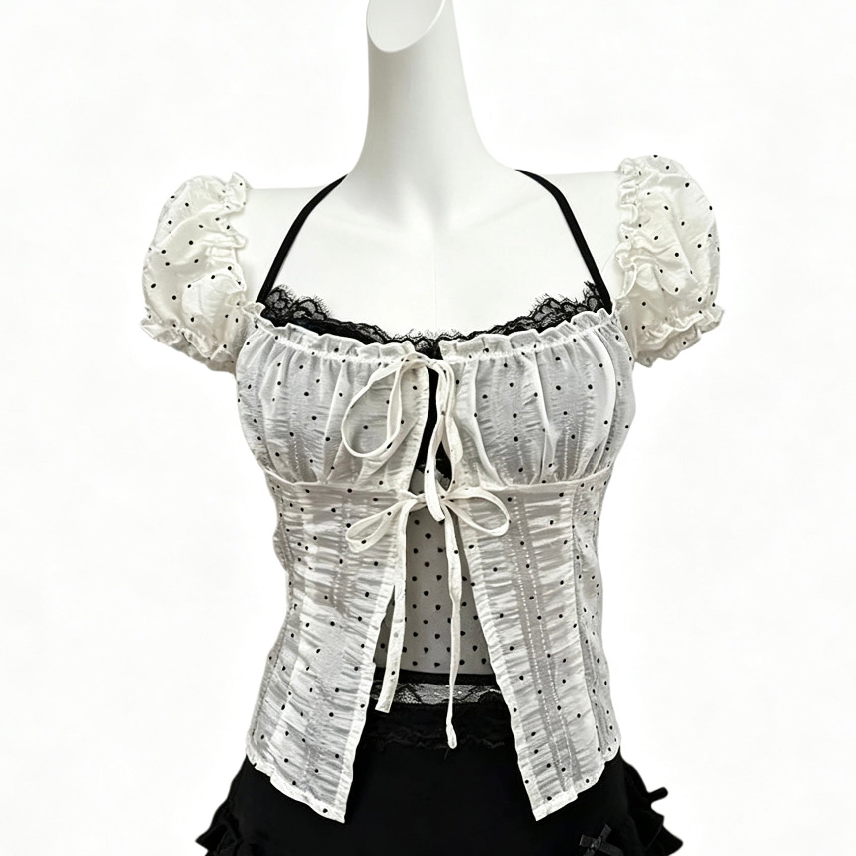 black & white polka dot lace halter top with ruffles and bow detail