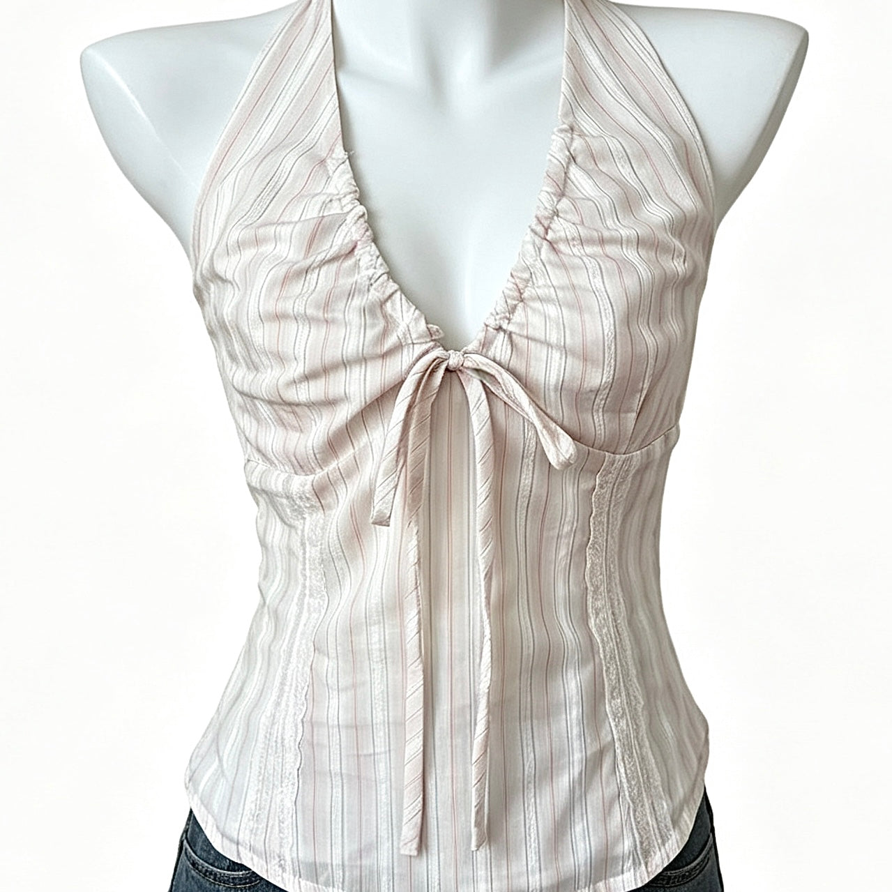 pink & white striped halter top with the tie back detail