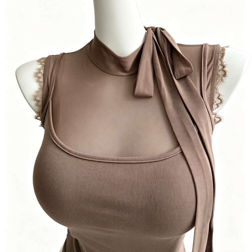 layered lace trim tie neck tank top