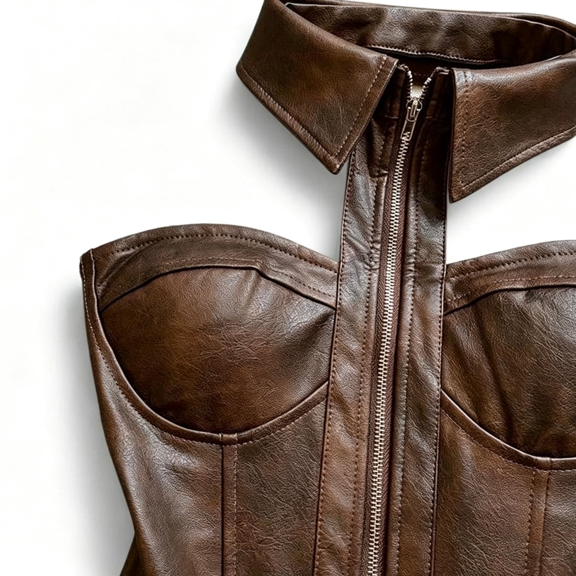faux leather corset top with zipper front and collar