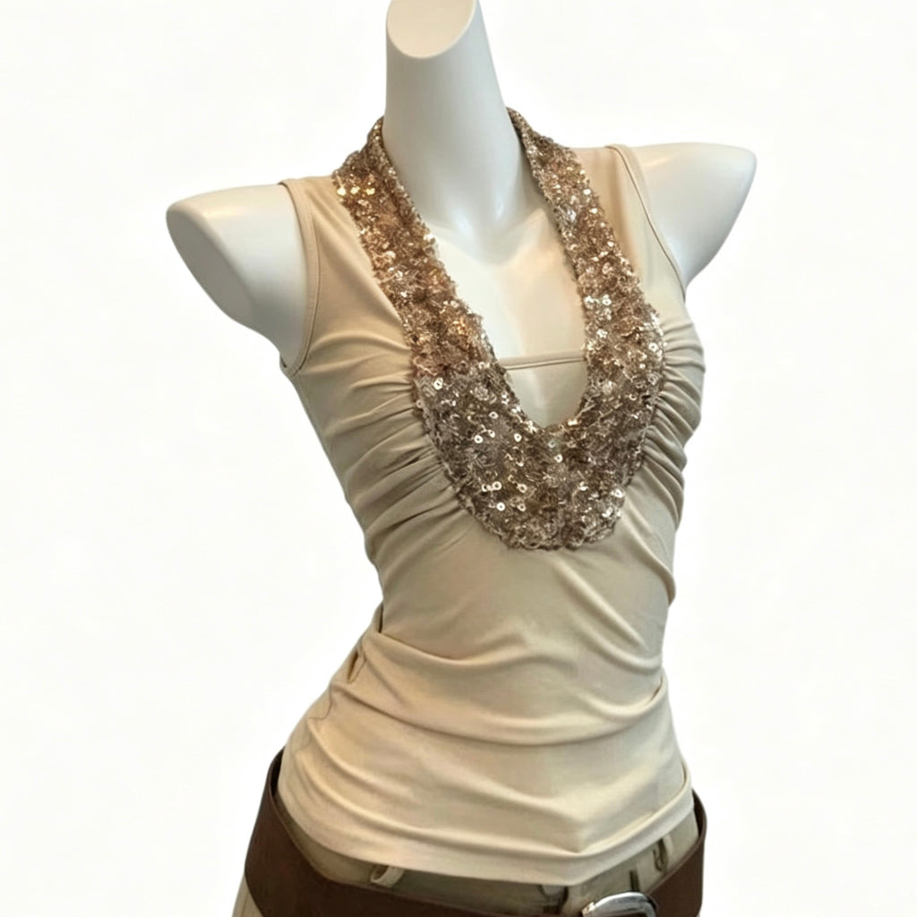 tan and gold sequin top