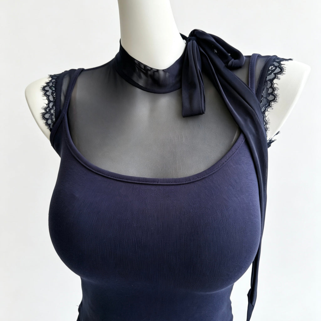 layered lace trim tie neck tank top