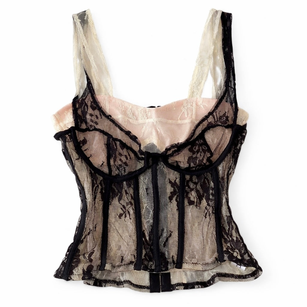 black & cream lace corset top with floral details