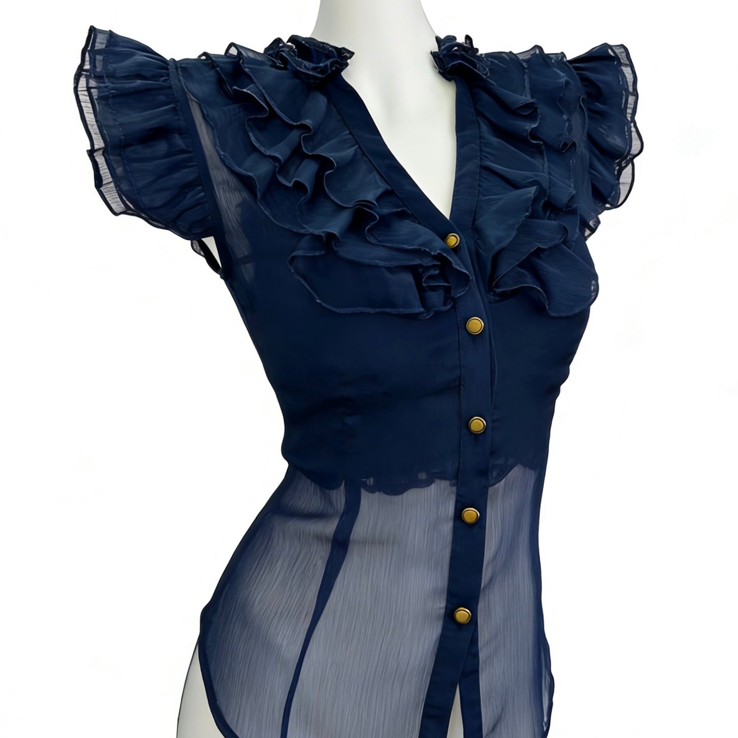 navy blue sheer blouse with ruffles and button-up front