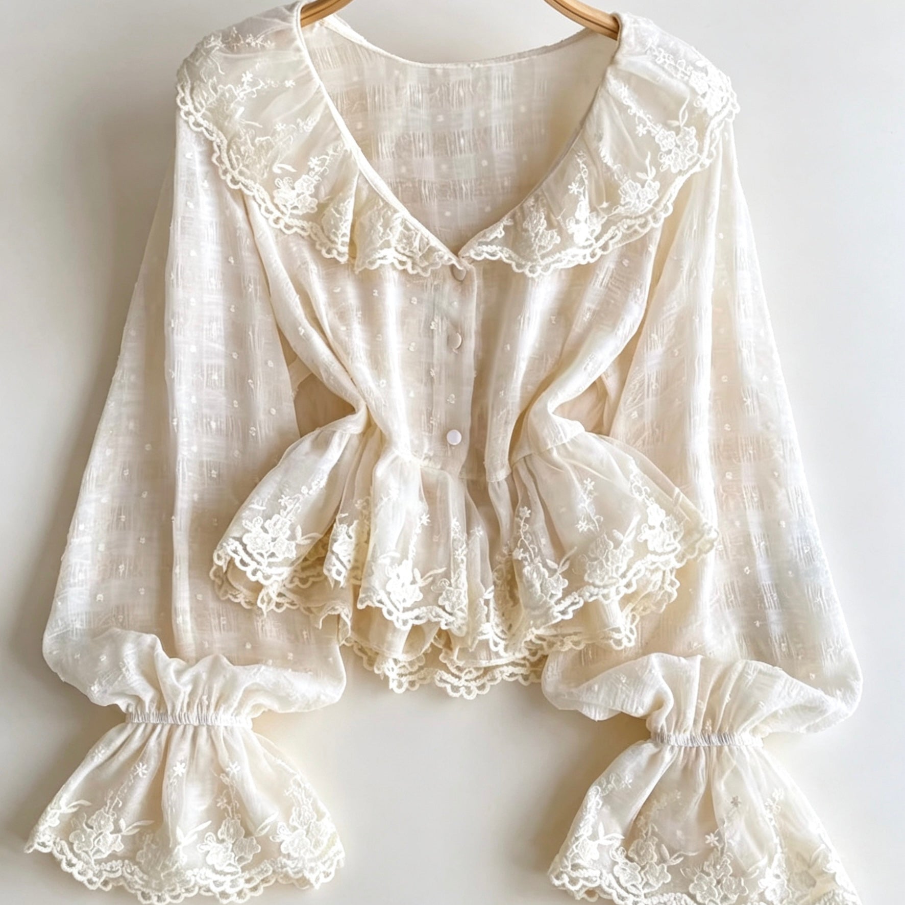 lace blouse with bell sleeves and button-up front