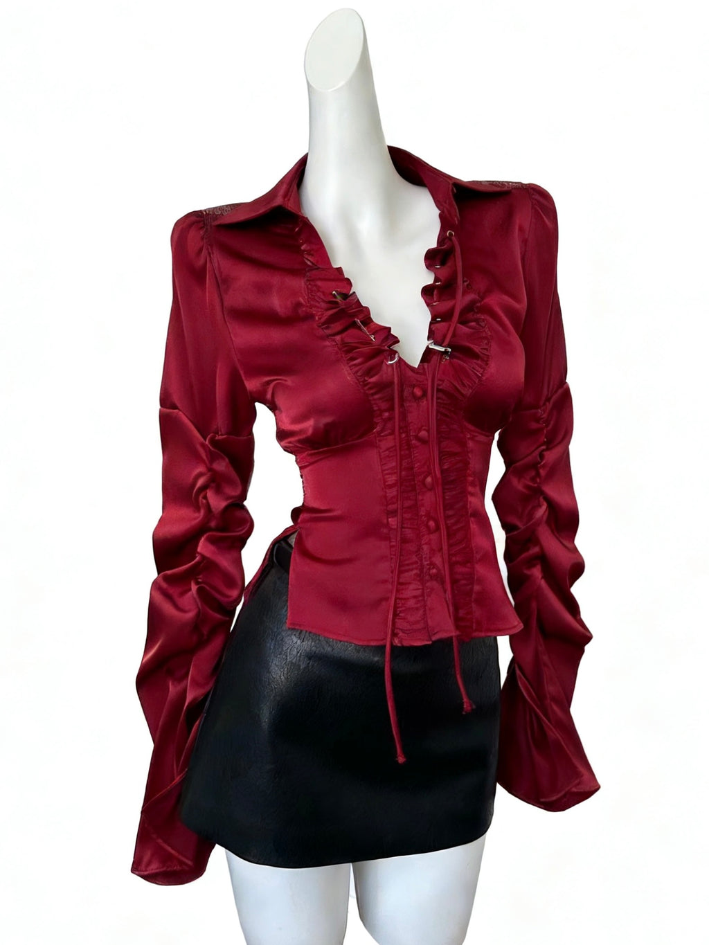 burgundy & black ruffle corset top with lace trim
