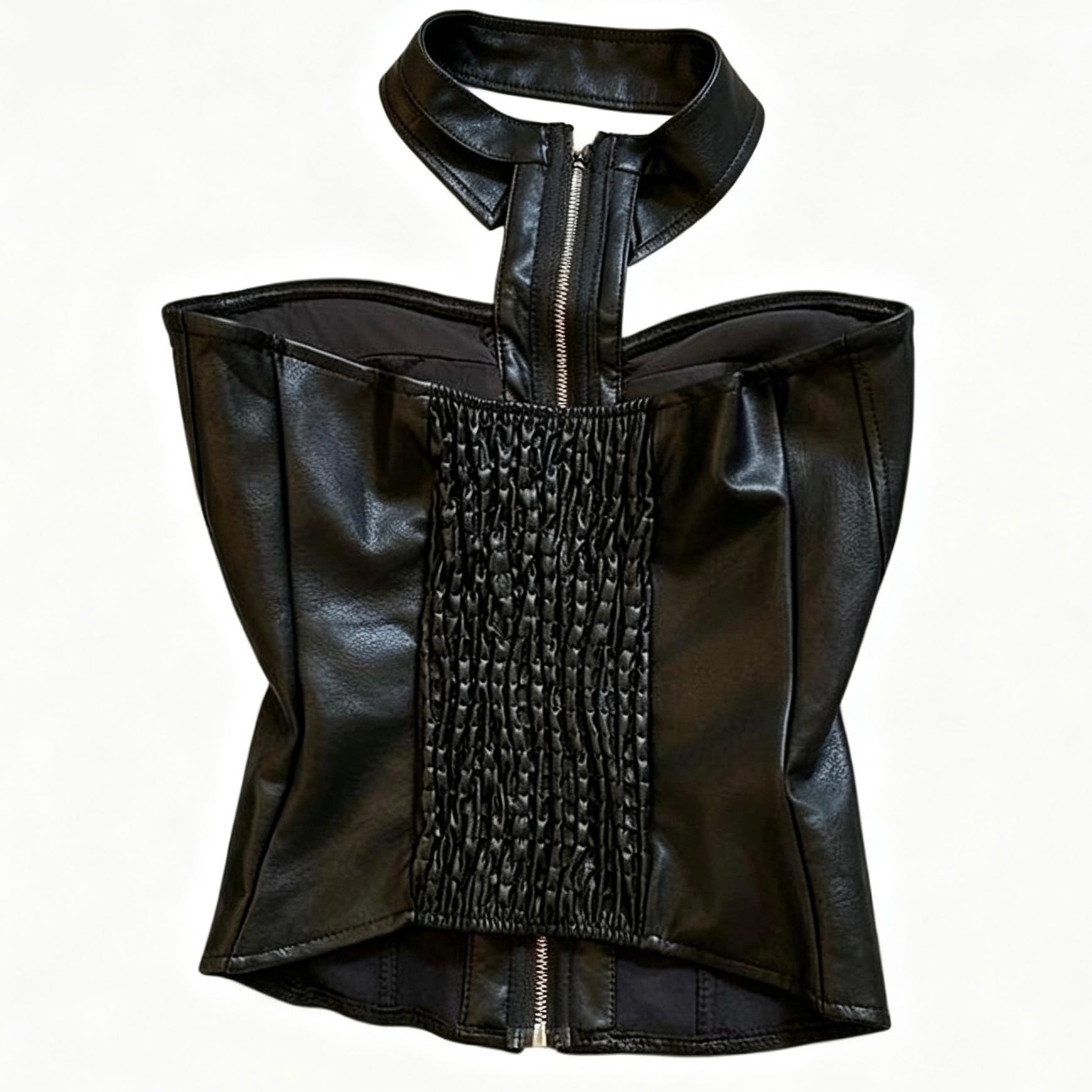 faux leather corset top with zipper front and collar