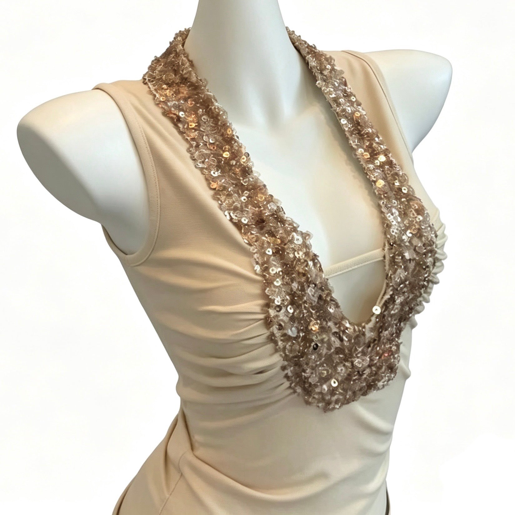 tan and gold sequin top