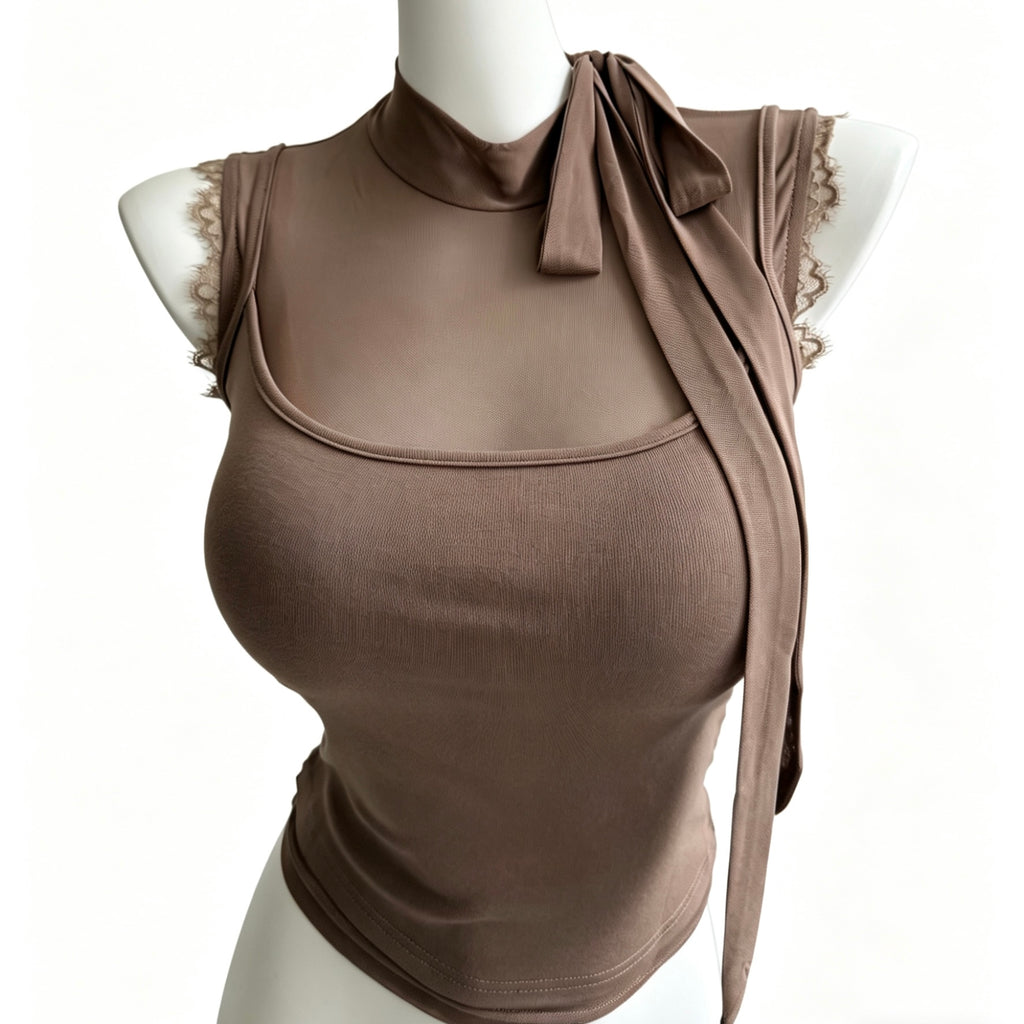 layered lace trim tie neck tank top