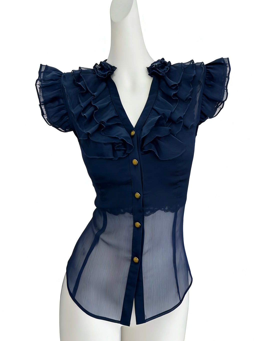 navy blue sheer blouse with ruffles and button-up front