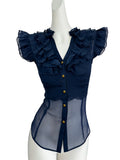 navy blue sheer blouse with ruffles and button-up front