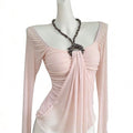 mesh long sleeve top with beaded neckline