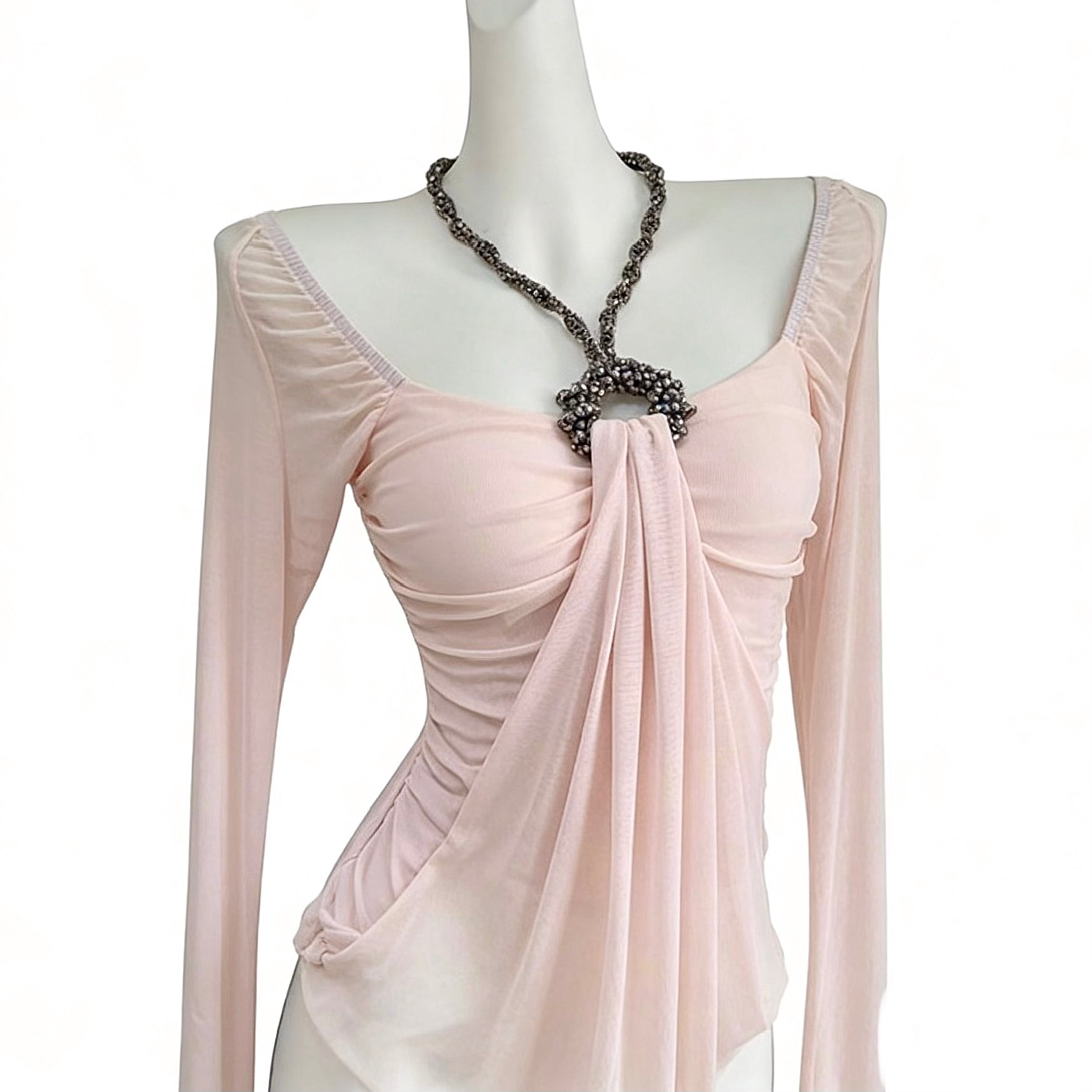 mesh long sleeve top with beaded neckline