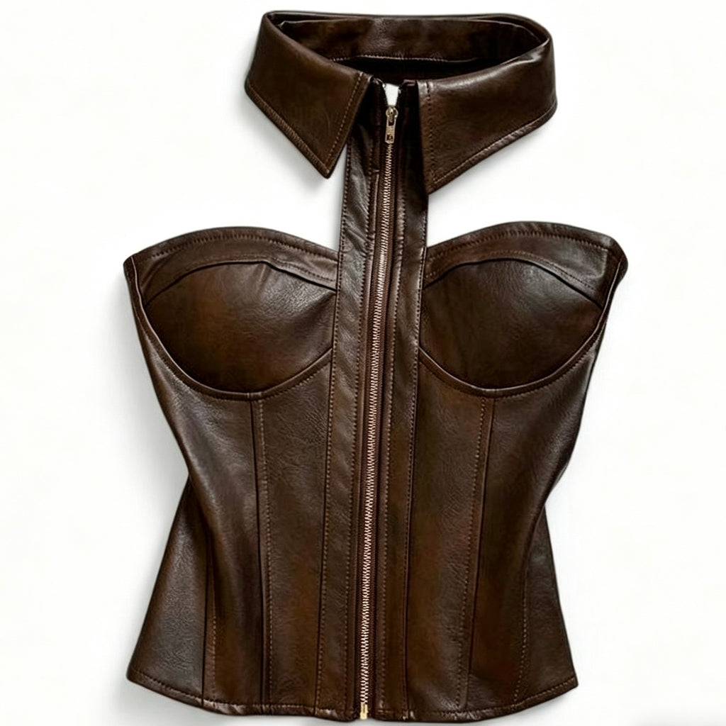 faux leather corset top with zipper front and collar