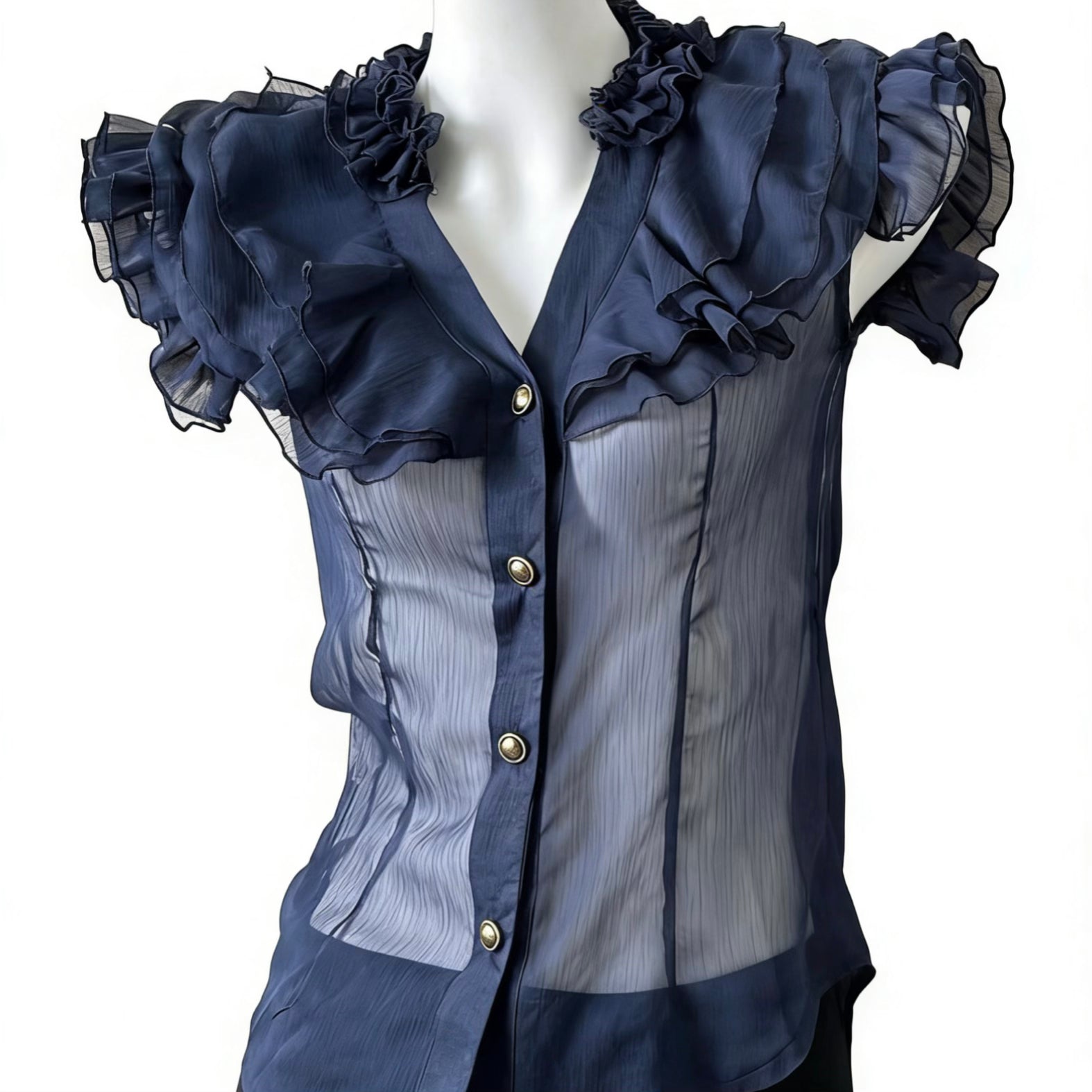navy blue sheer blouse with ruffles and button-up front