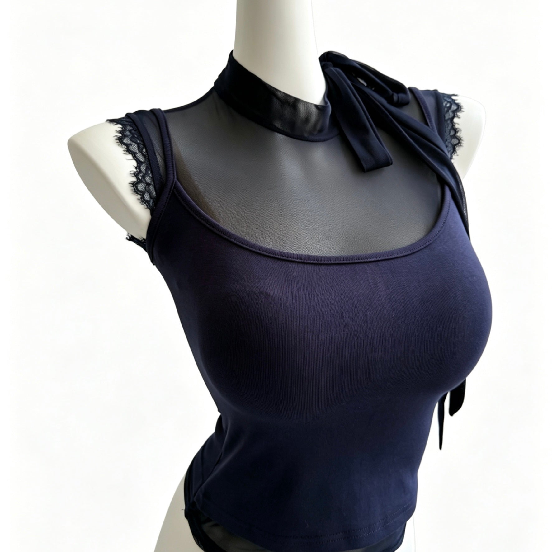 layered lace trim tie neck tank top