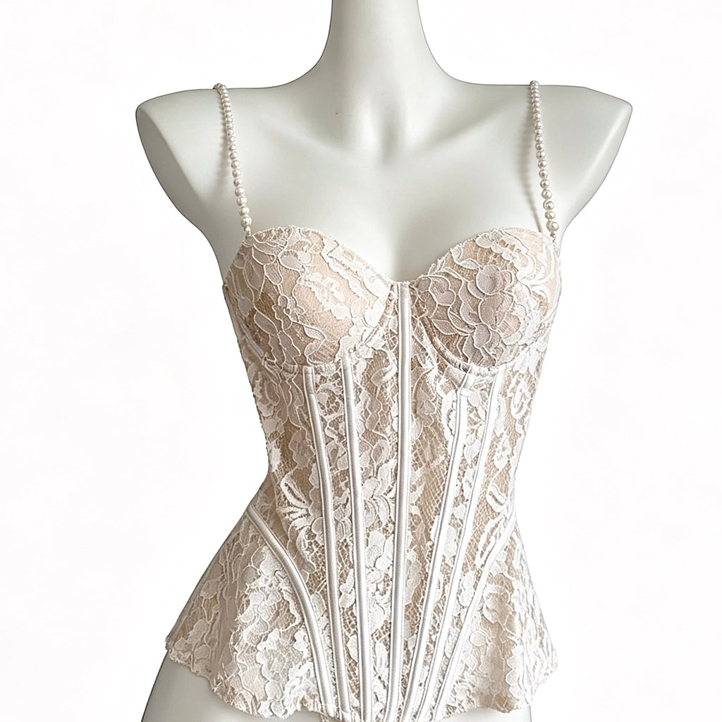 cream lace corset top with pearl straps