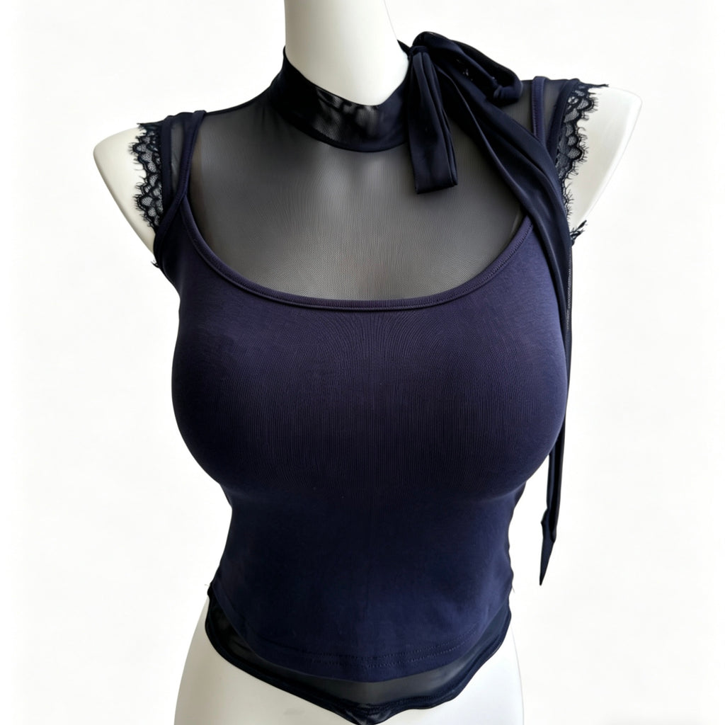 layered lace trim tie neck tank top