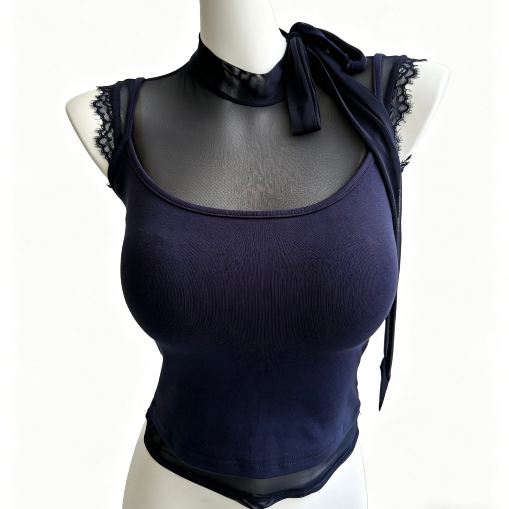 layered lace trim tie neck tank top