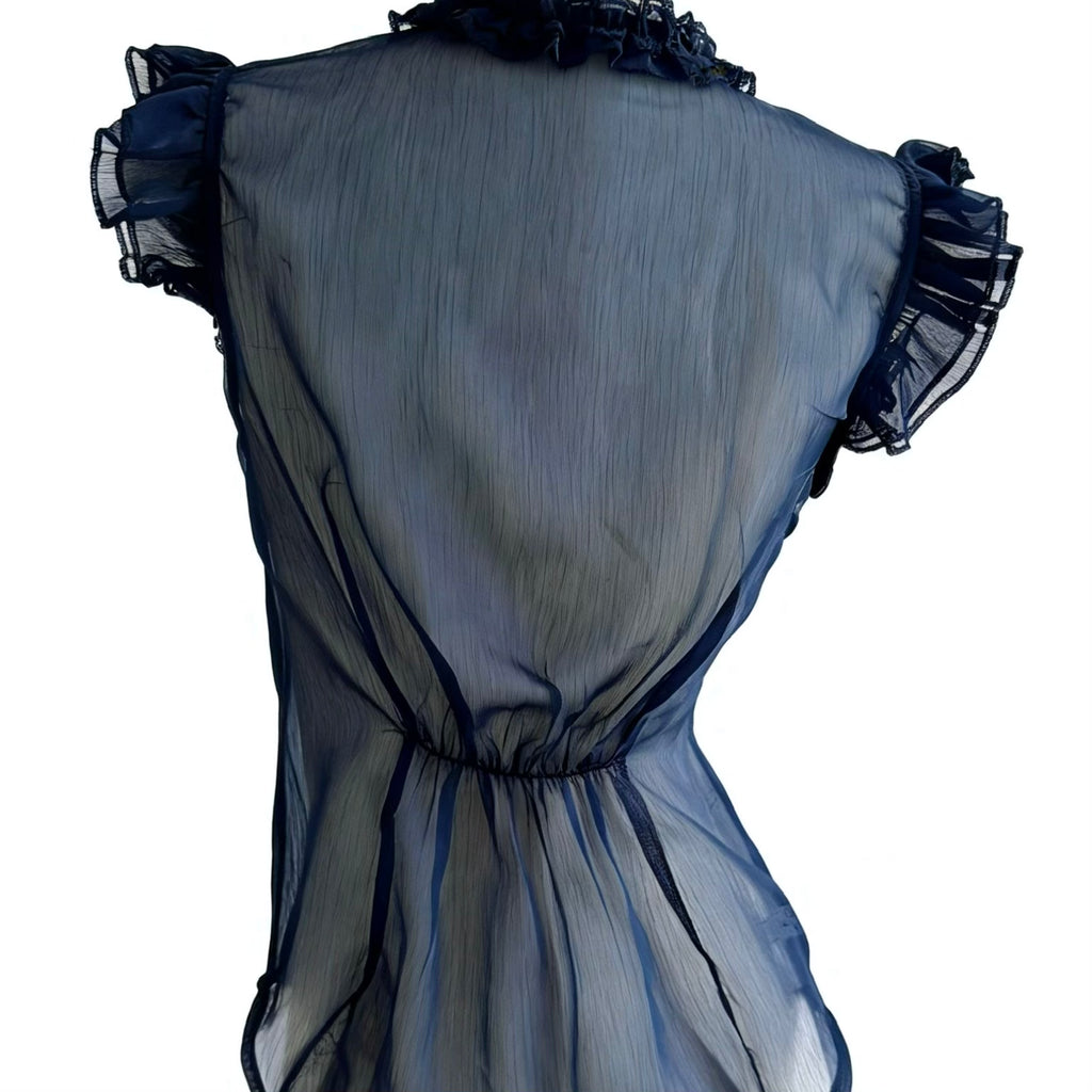 navy blue sheer blouse with ruffles and button-up front