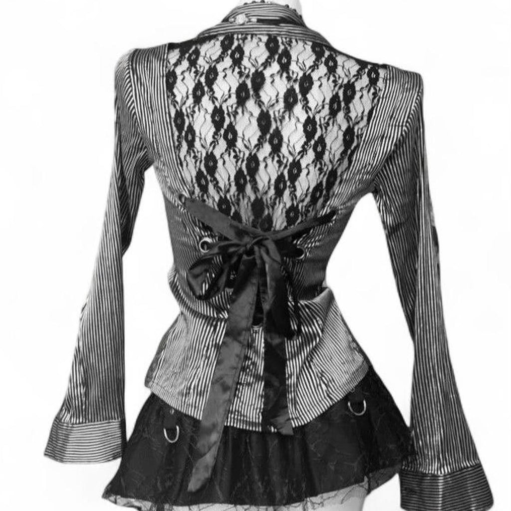 black & white striped lace top with bell sleeves and tie back