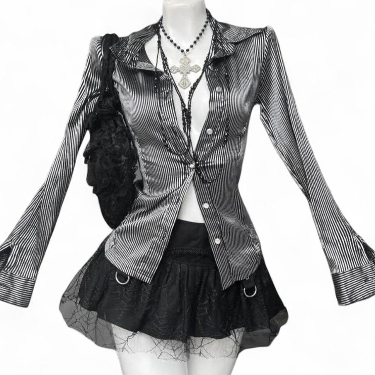 black & white striped lace top with bell sleeves and tie back