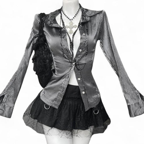 black & white striped lace top with bell sleeves and tie back