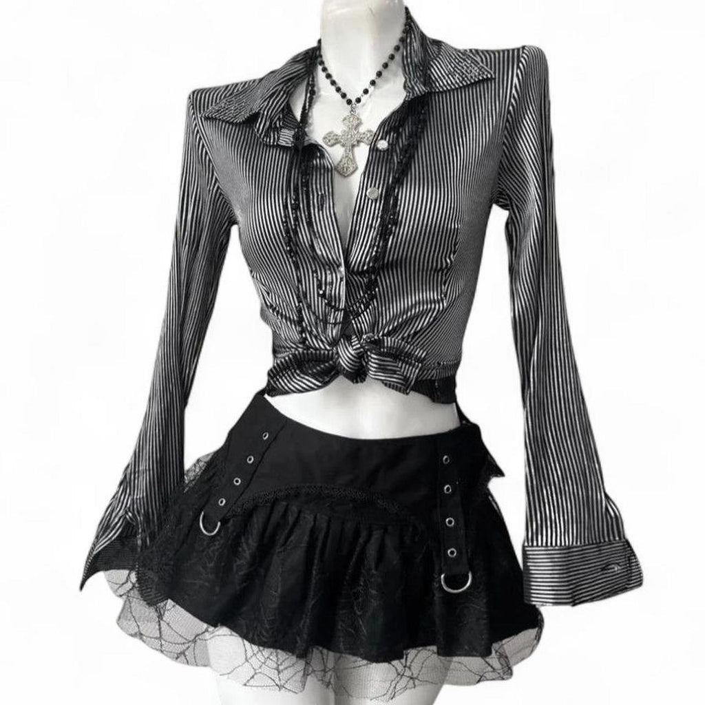 black & white striped lace top with bell sleeves and tie back