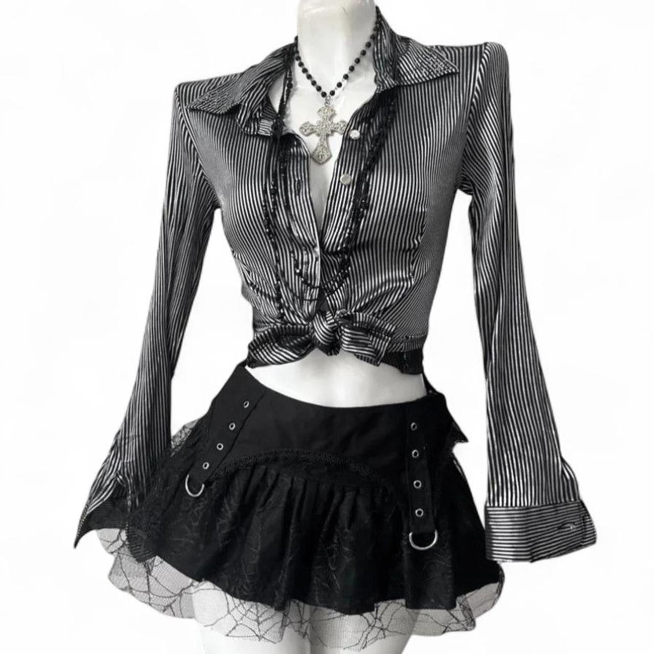 black & white striped lace top with bell sleeves and tie back