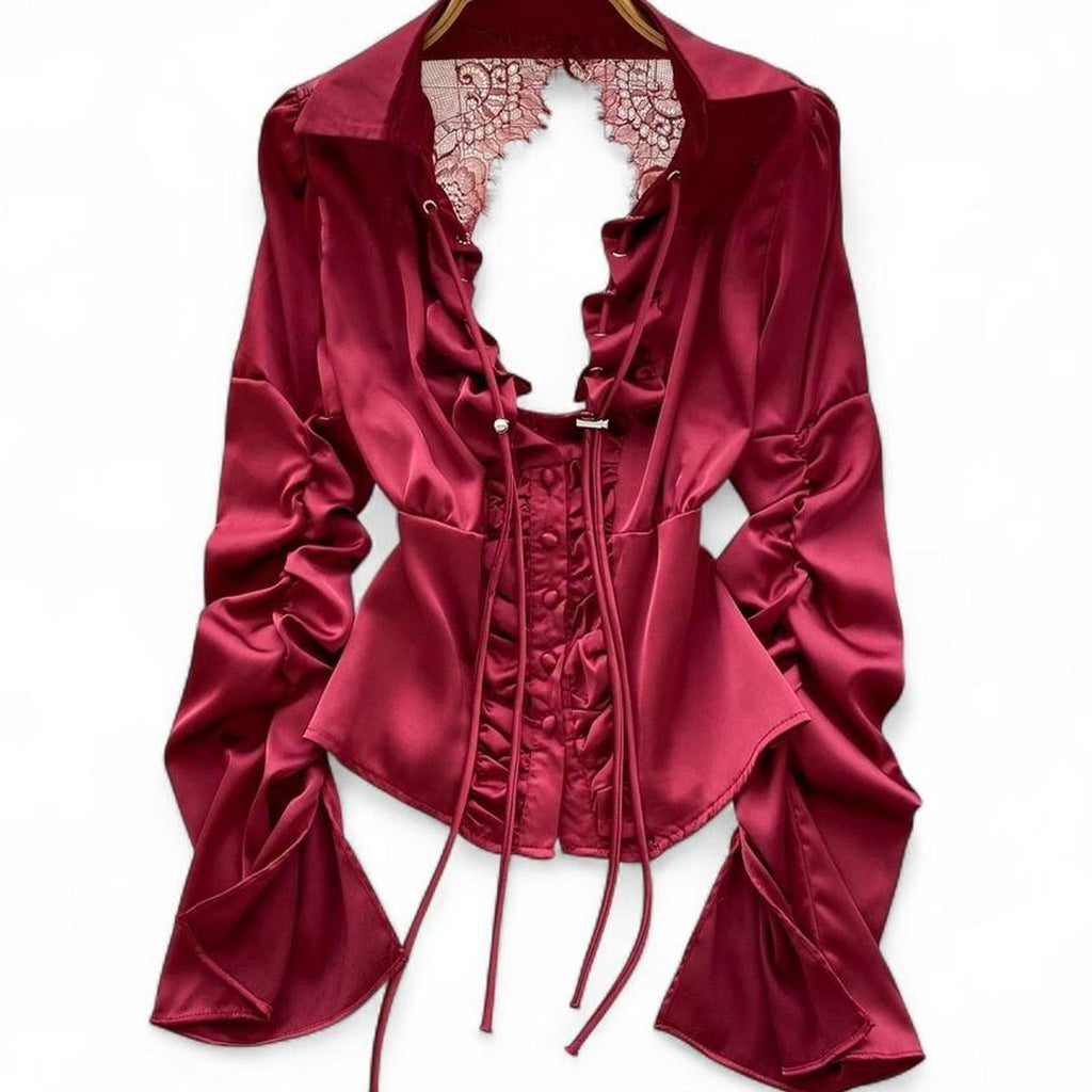 burgundy & black ruffle corset top with lace trim