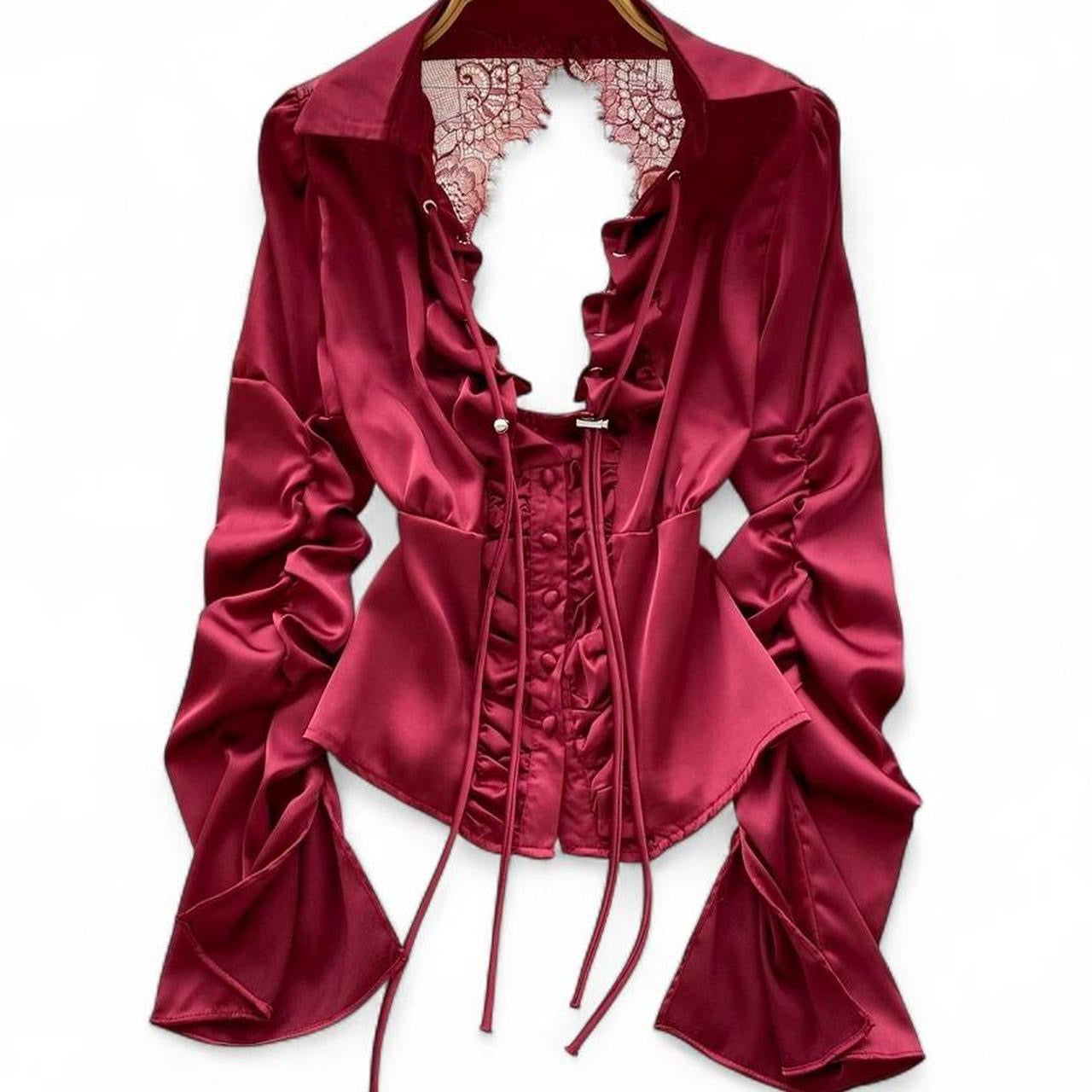 burgundy & black ruffle corset top with lace trim