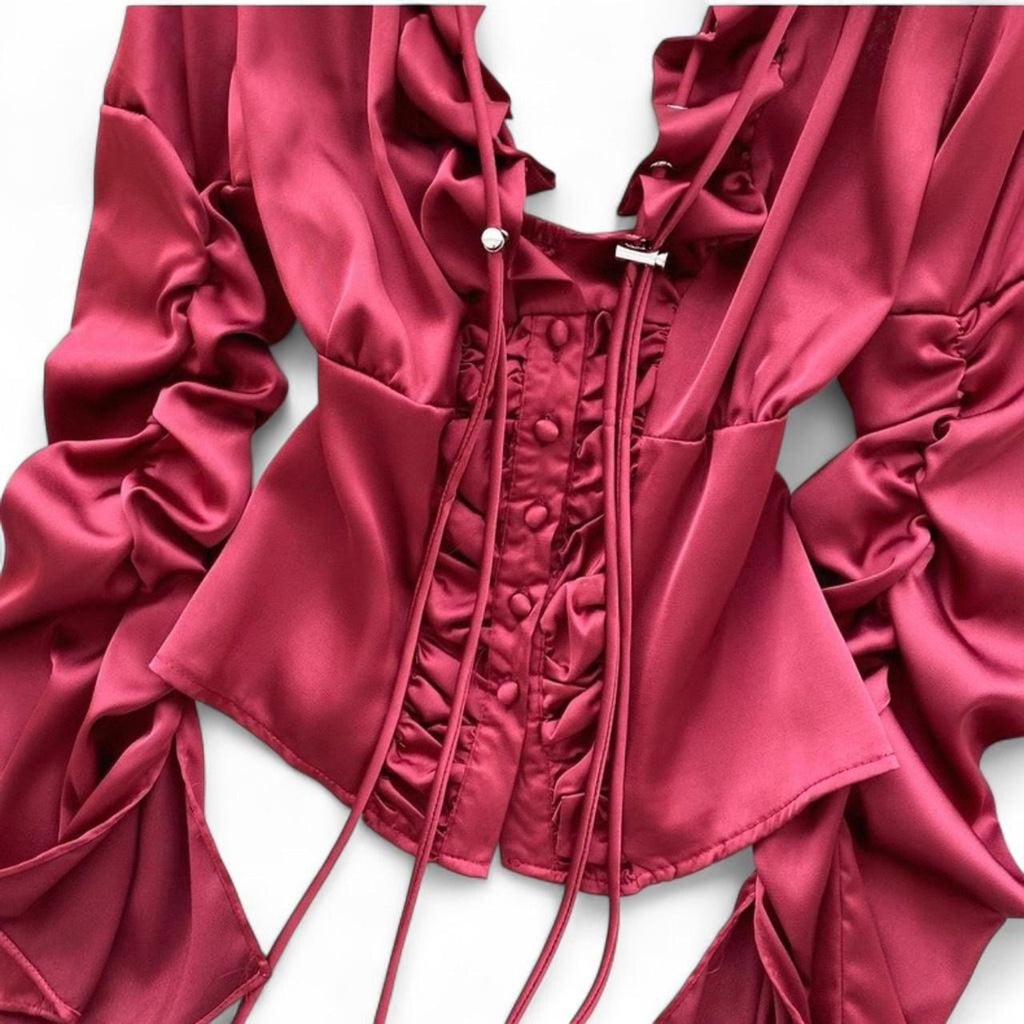burgundy & black ruffle corset top with lace trim