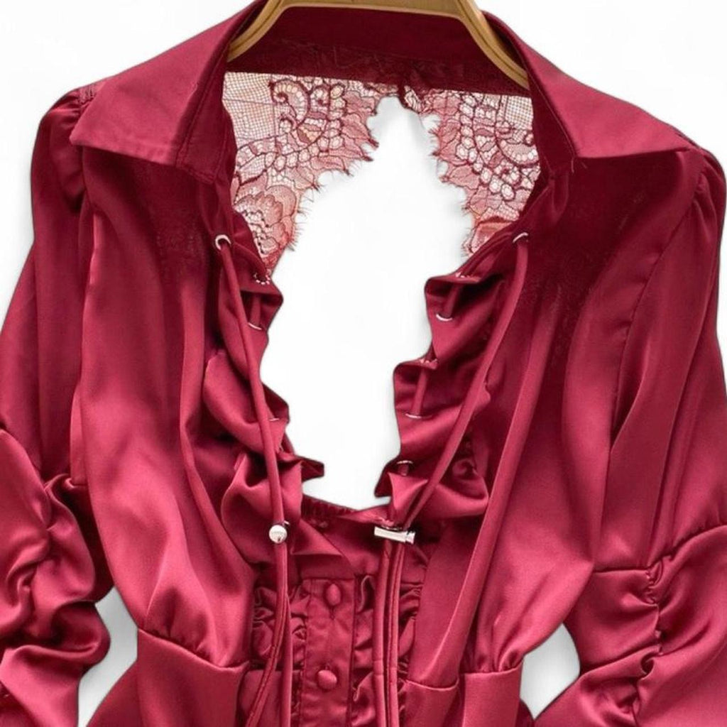 burgundy & black ruffle corset top with lace trim