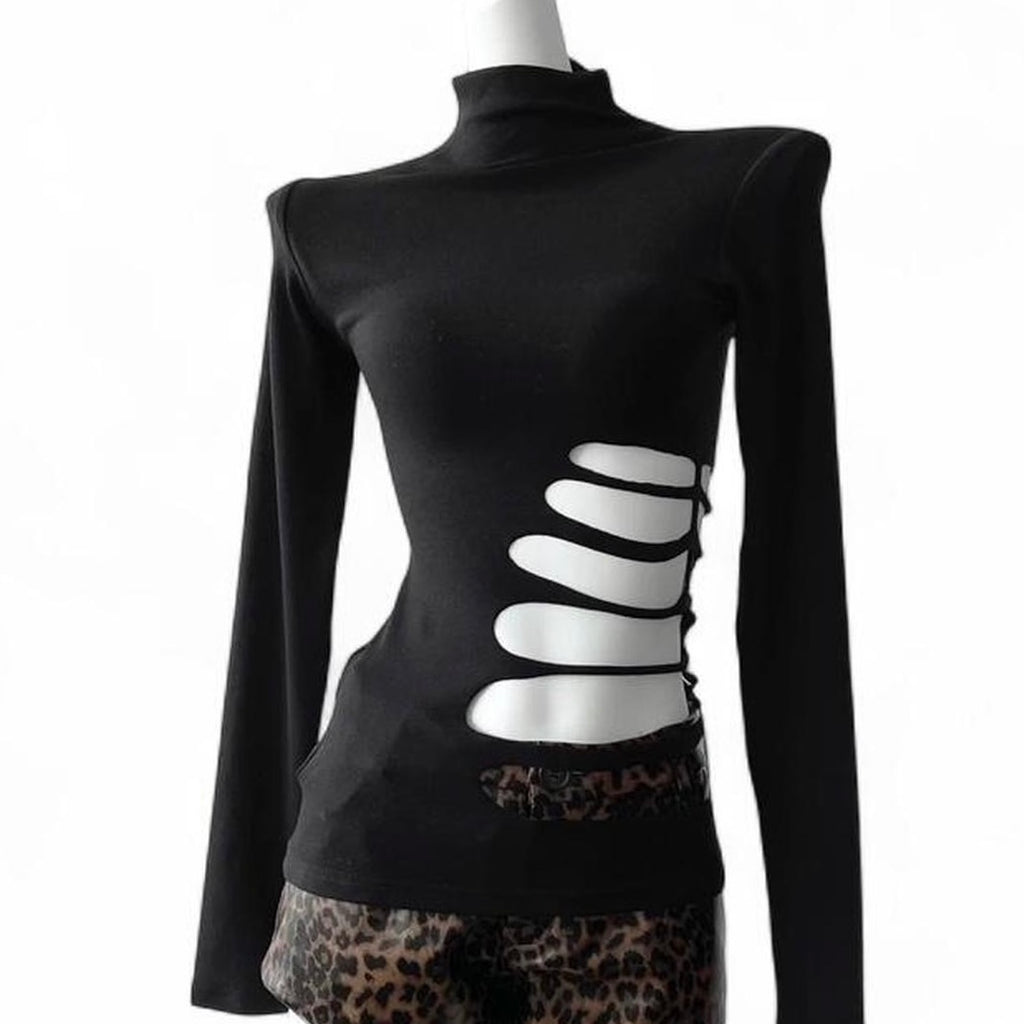 black long sleeve mock neck top with skeleton cutout