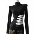 black long sleeve mock neck top with skeleton cutout