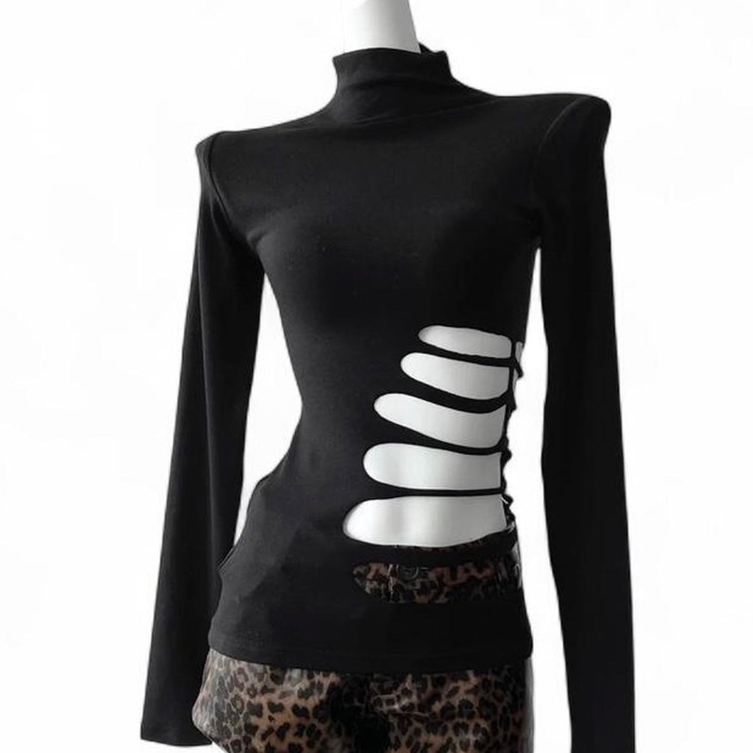 black long sleeve mock neck top with skeleton cutout