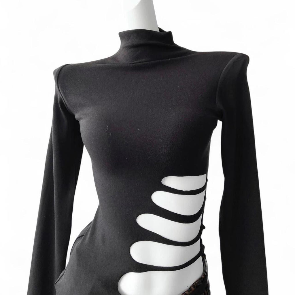 black long sleeve mock neck top with skeleton cutout