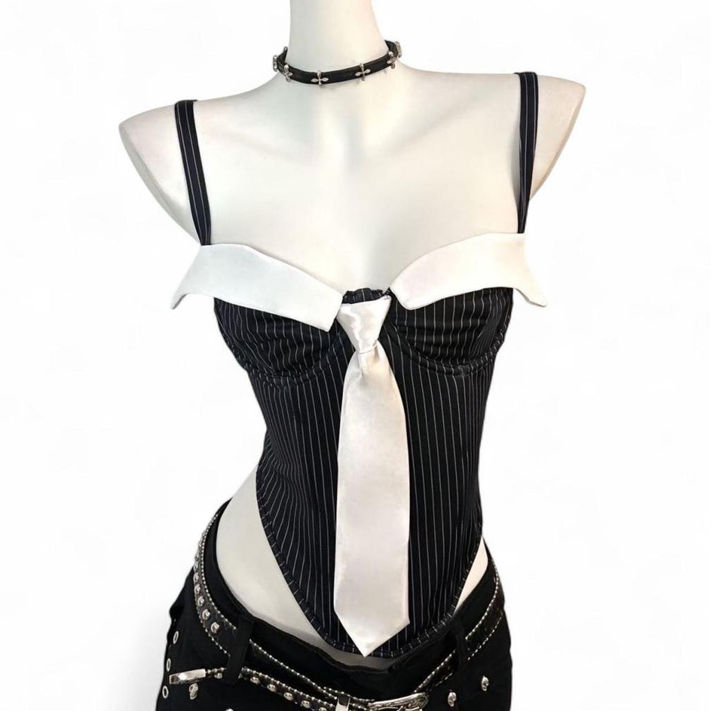 black & white pinstripe corset top with white tie and straps