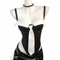 black & white pinstripe corset top with white tie and straps