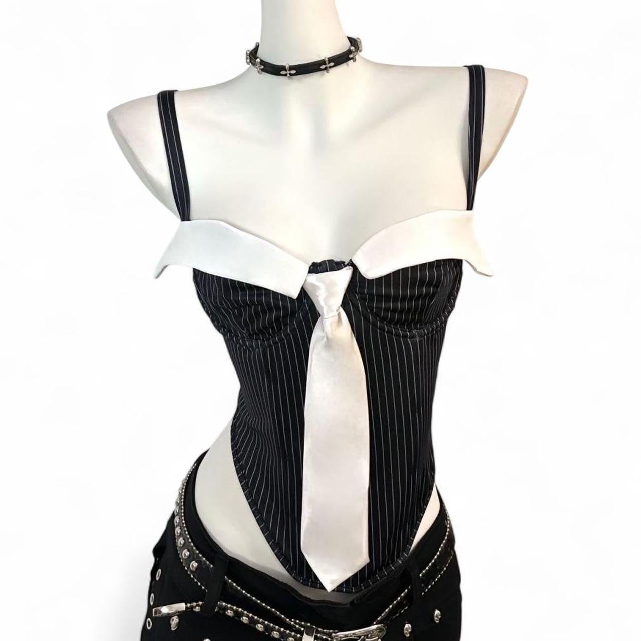 black & white pinstripe corset top with white tie and straps