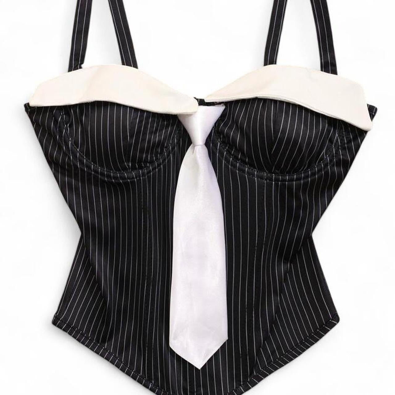 black & white pinstripe corset top with white tie and straps