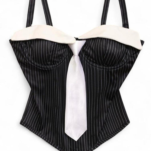 black & white pinstripe corset top with white tie and straps