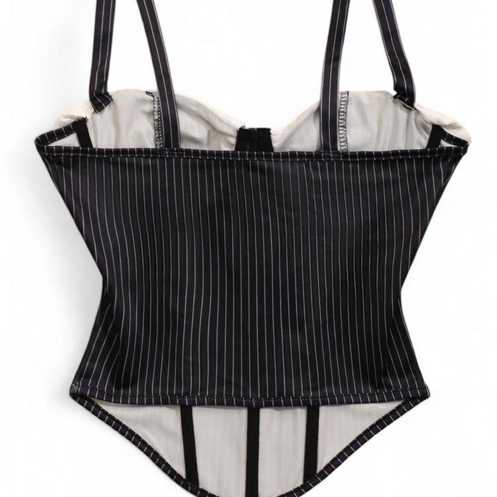 black & white pinstripe corset top with white tie and straps