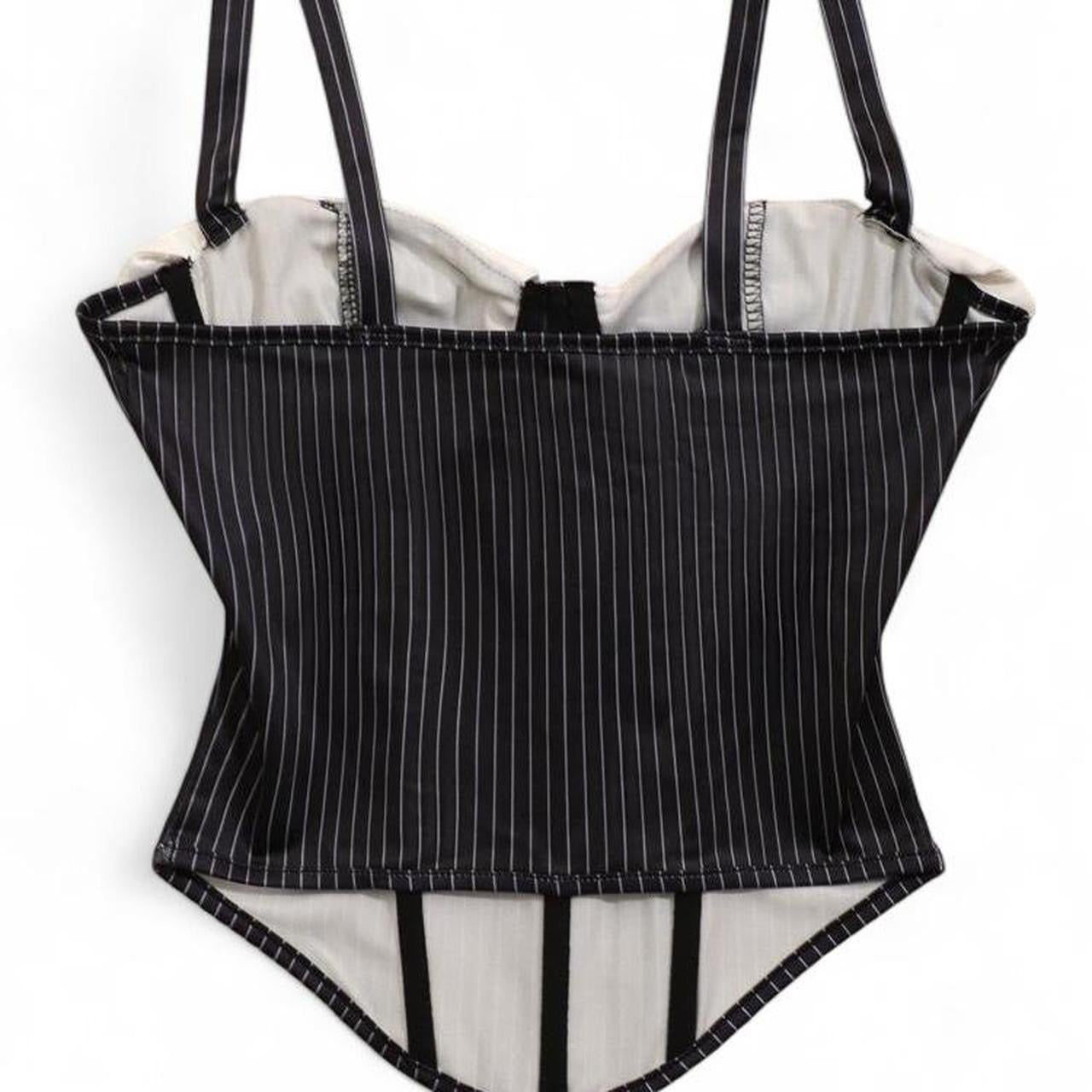 black & white pinstripe corset top with white tie and straps