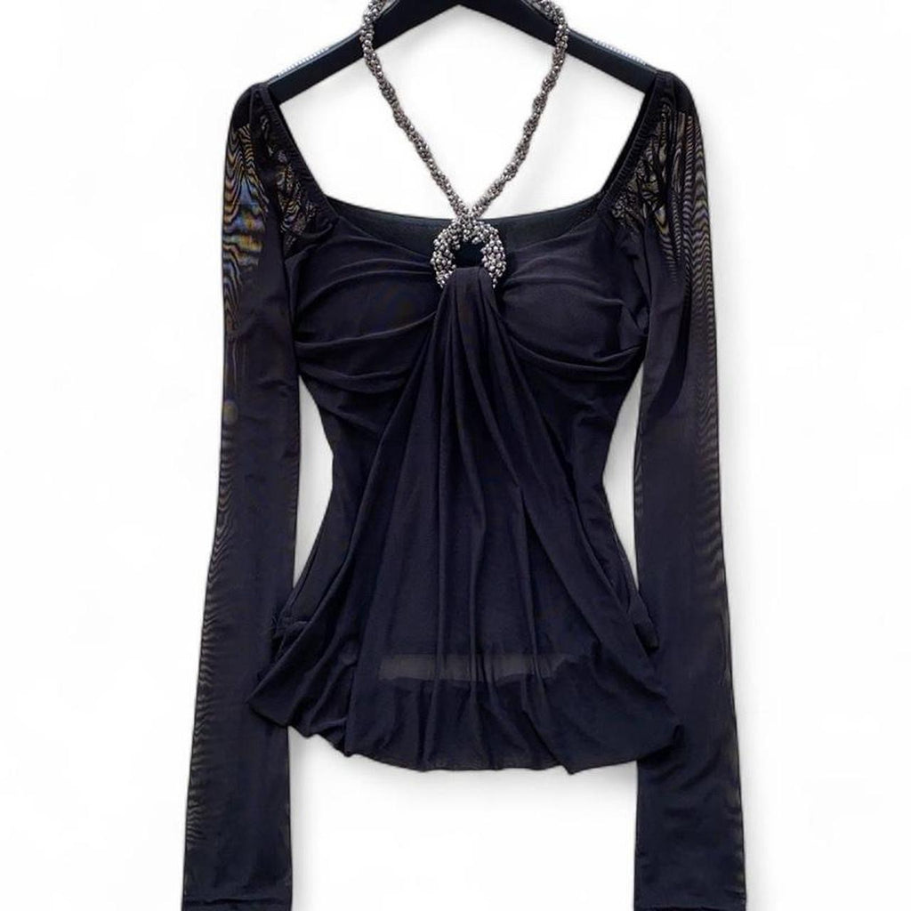 mesh long sleeve top with beaded neckline
