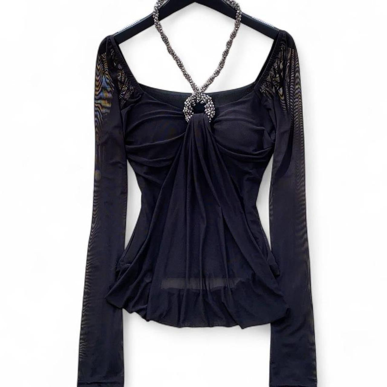 mesh long sleeve top with beaded neckline
