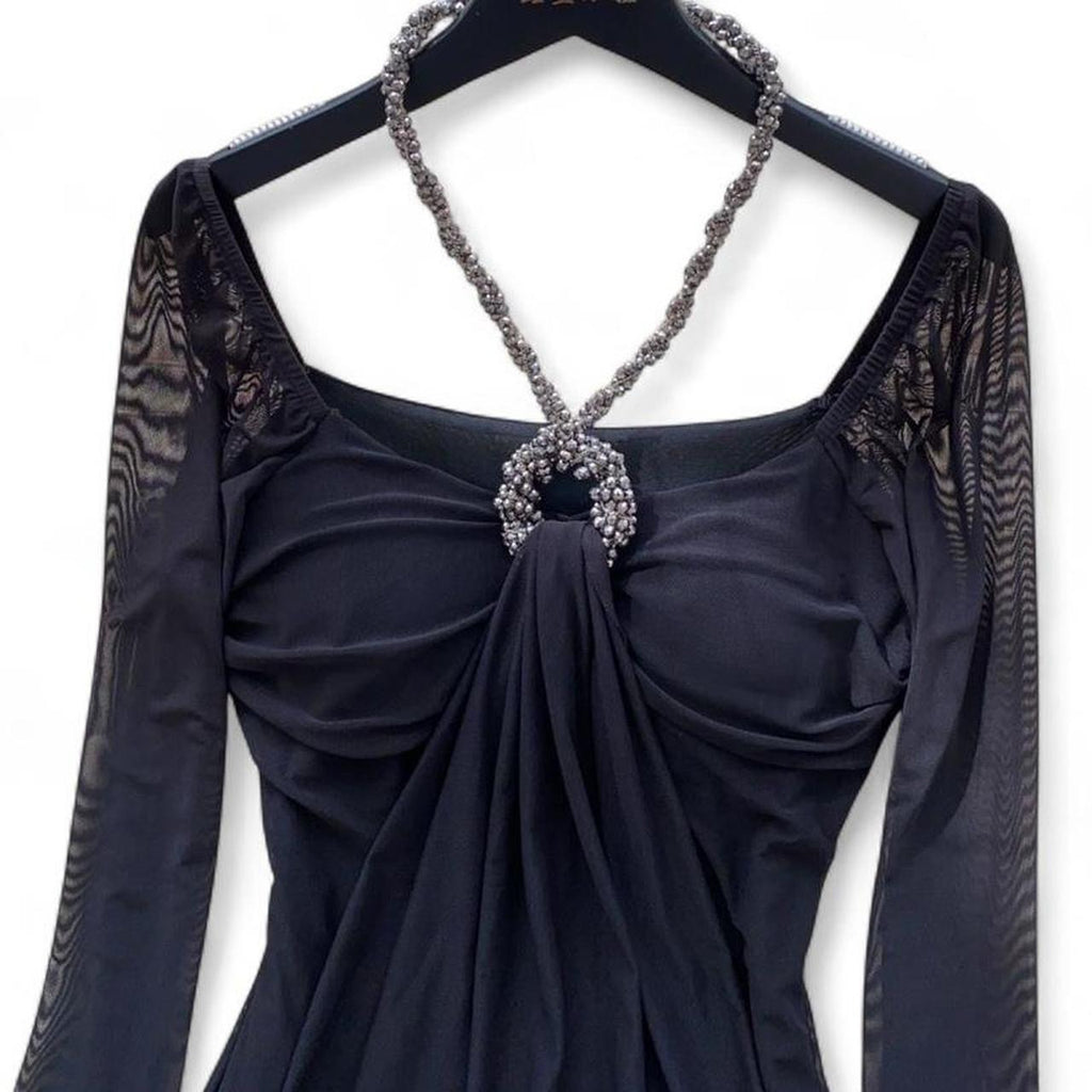 mesh long sleeve top with beaded neckline